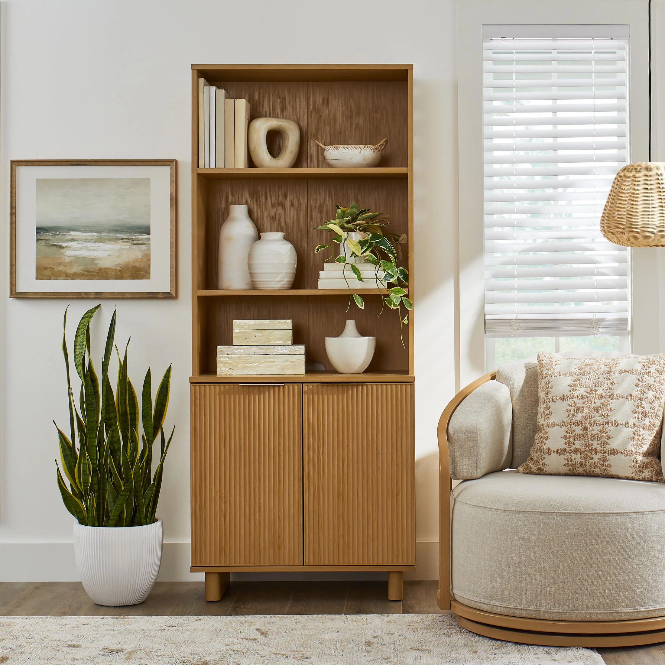 Better Homes & Gardens Lillian Fluted Bookcase with Doors, Natural Pine Finish - Walmart.com | Walmart (US)