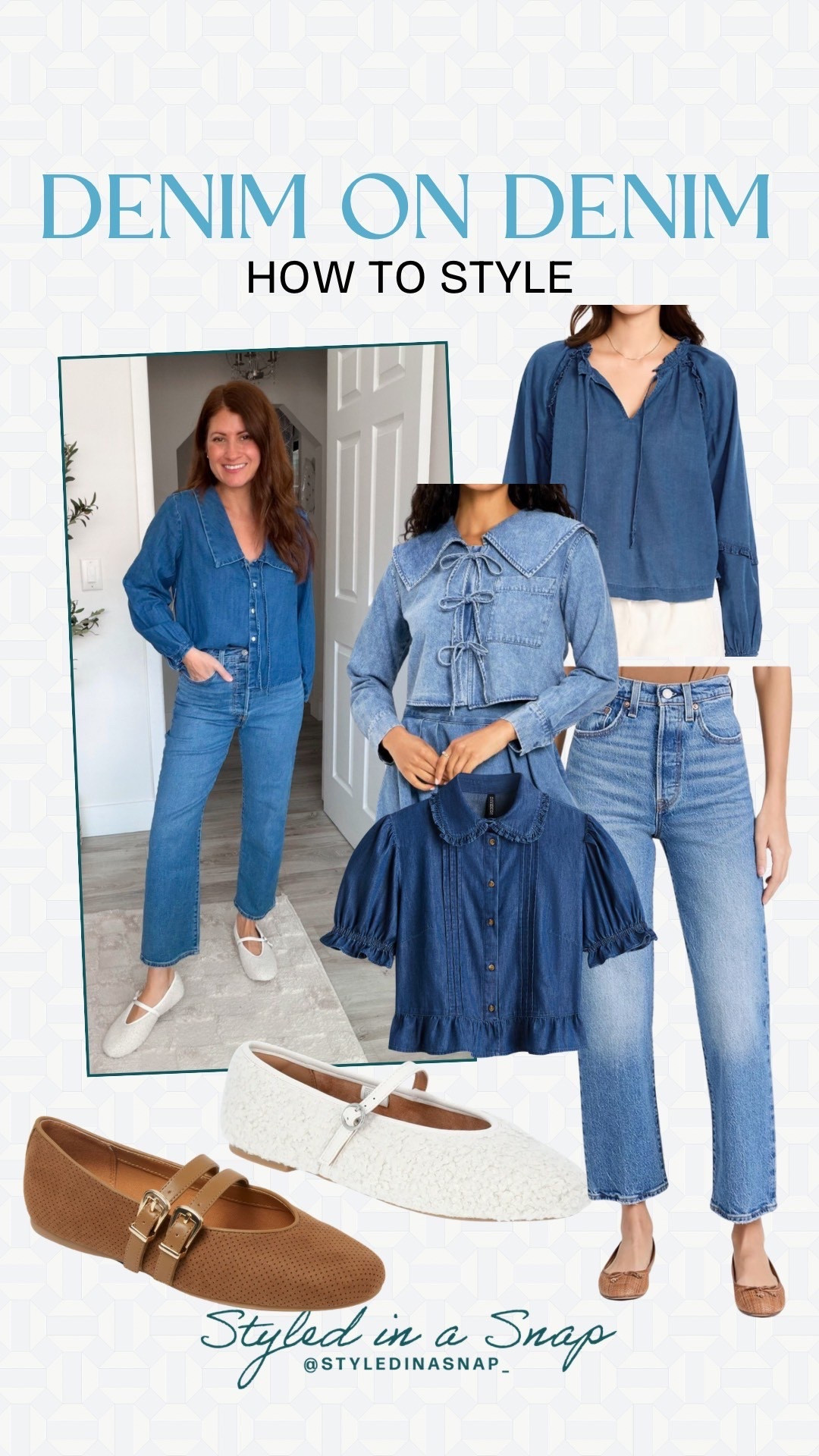Denim on denim is having a major moment right now. I’m loving this peter pan collar top with my go-to Levi’s, but am including some other similar options since my exact top is currently sold out. These bestselling sherpa flats complete the outfit, but the brown flats would also be so cute! 
Affordable winter outfit, casual mom outfit inspo 

#LTKOver40 #LTKSeasonal #LTKmomlife