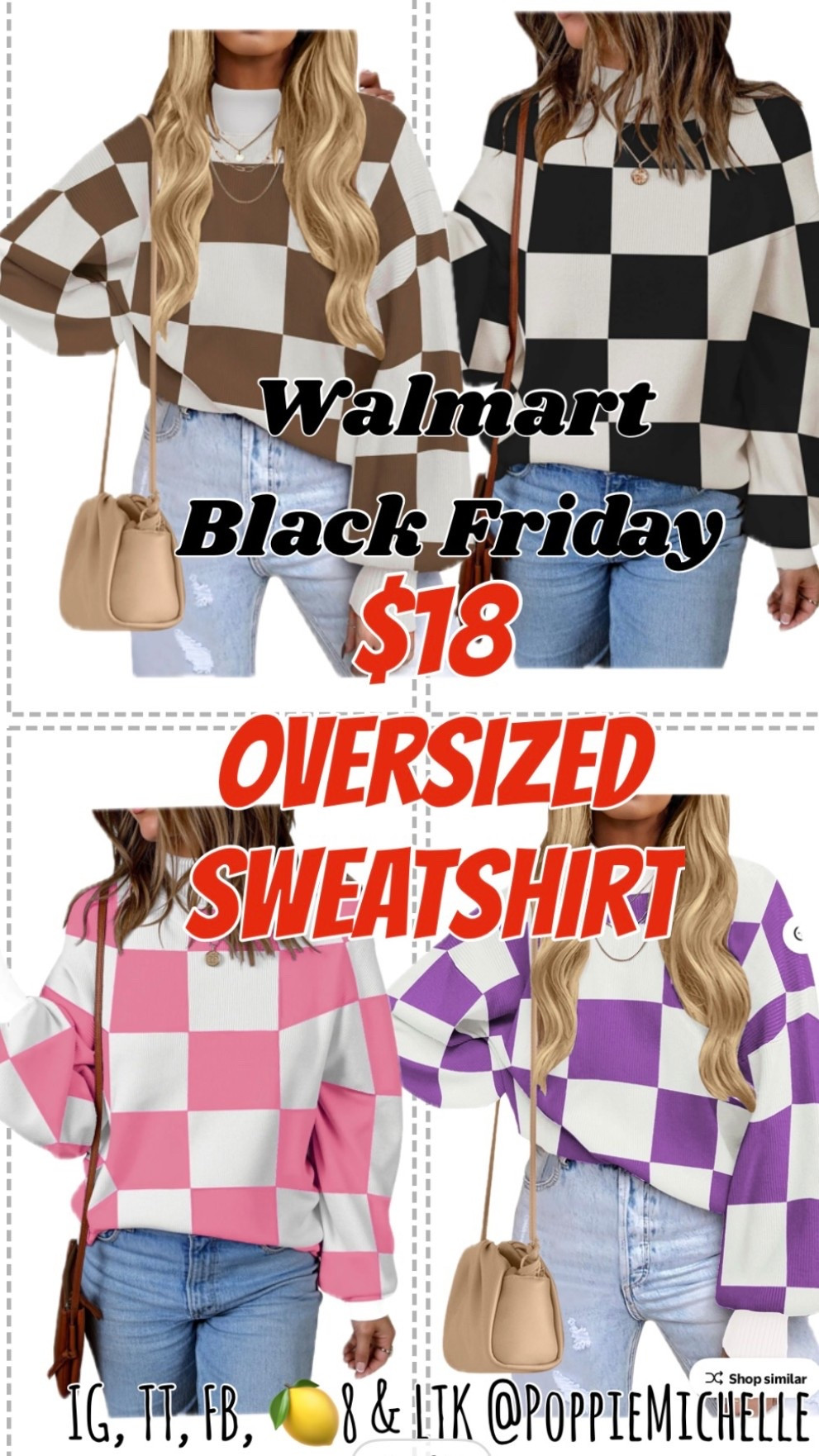 Walmart Black Friday 

Checkered Oversized Sweatshirt 
Checker Print Sweatshirt 
Black and white checker print shirt 

PoppieMichelle 

#LTKCyberWeek #LTKSaleAlert