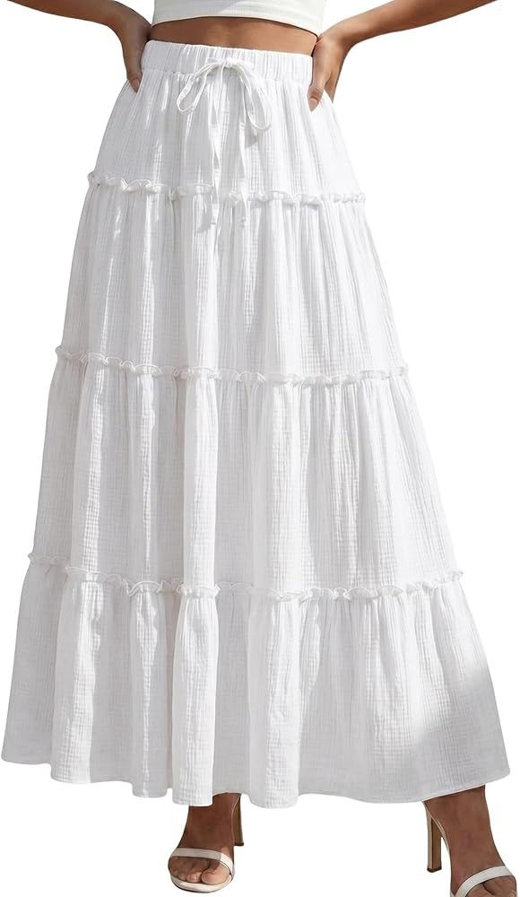 DERAX Womens Boho Maxi Skirt Flowy Ruffle Tiered Elastic High Waisted A Line 2026 Spring Summer B... | Amazon (US)