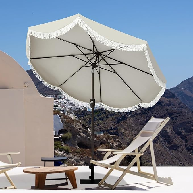 Tempera 9ft Auto Tilt Scalloped Patio Umbrellas with Fringe, Outdoor Table Umbrellas with Fade Re... | Amazon (US)