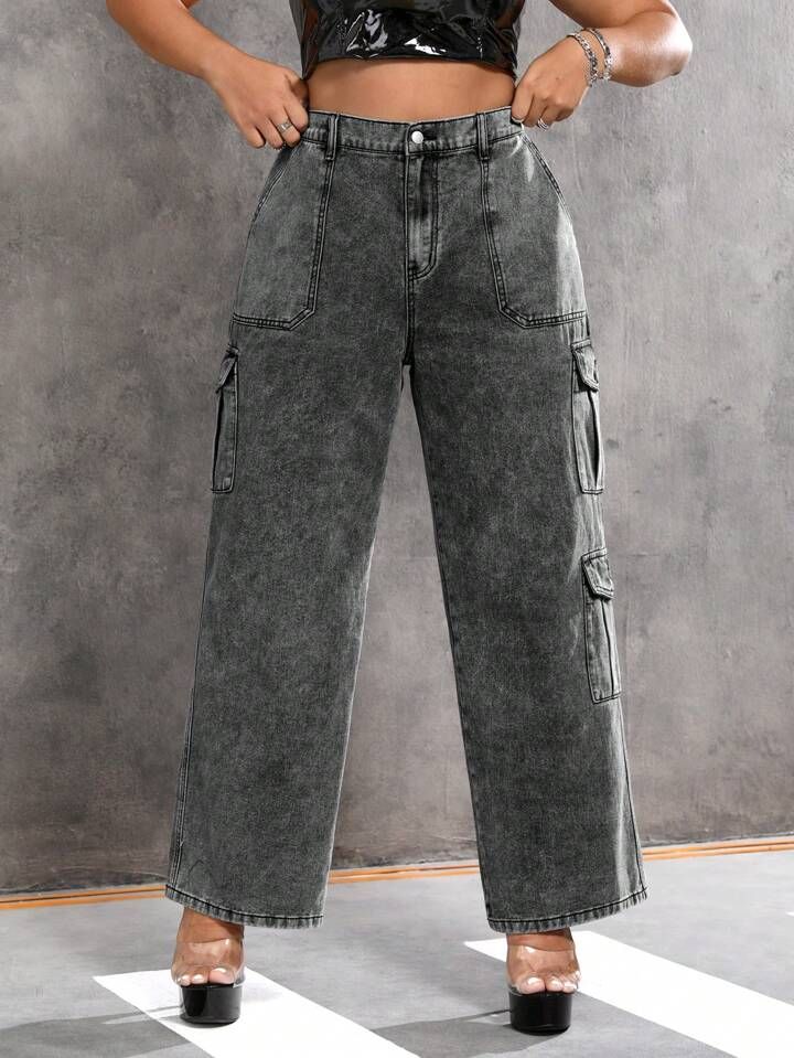 SHEIN ICON Plus High Waist Flap Pocket Side Cargo Jeans | SHEIN