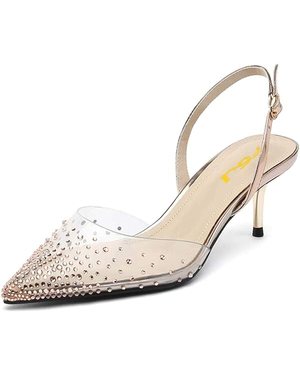 FSJ Women Crystal Studded Clear Pumps Sparkle Rhinestones Mid Low Heel Sandals Slingback D'orsay ... | Amazon (US)
