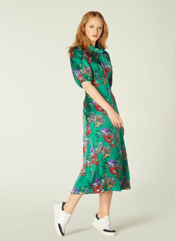 Vita Green Floral Print Silk Midi Dress | L.K. Bennett (UK)