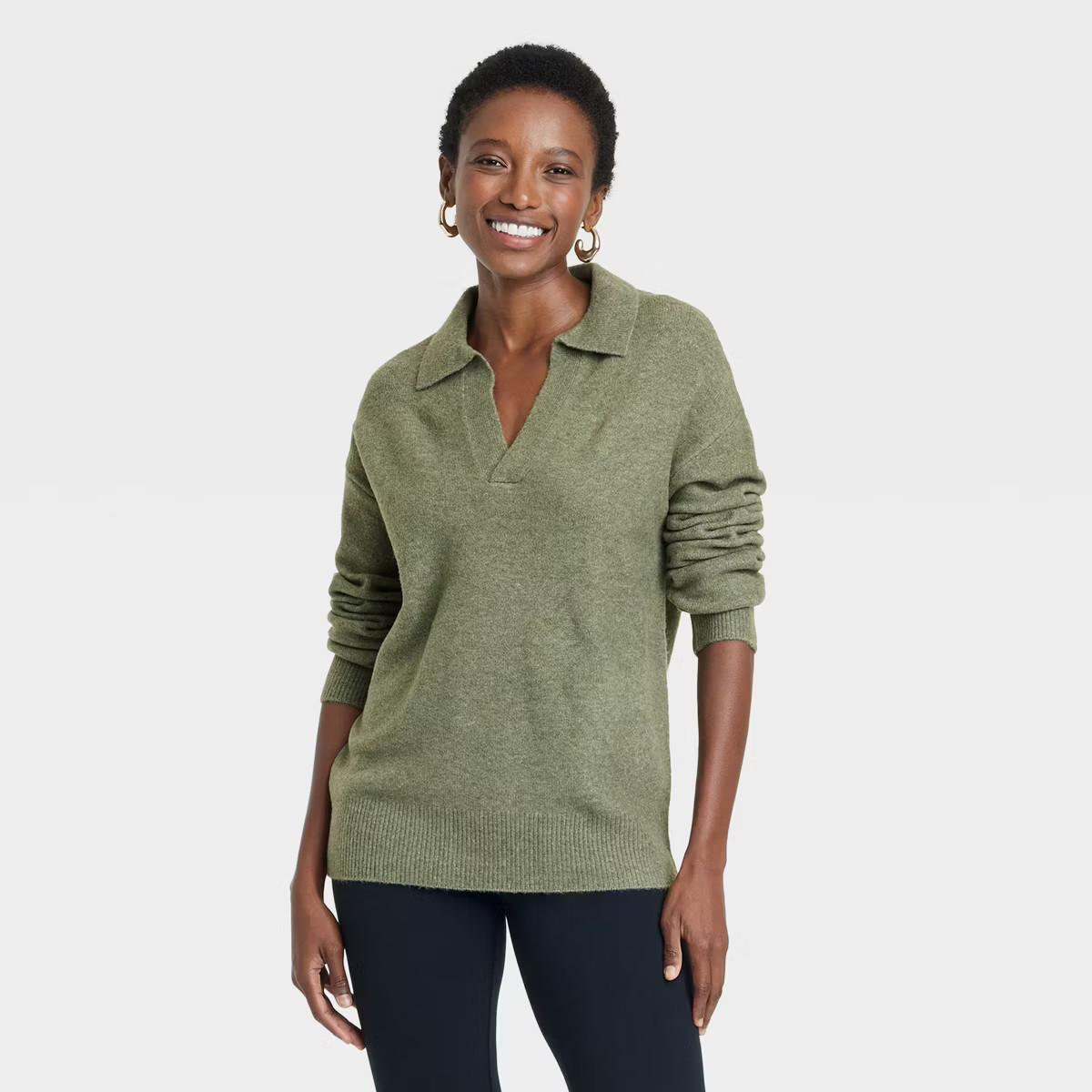 Women's Cozy Knit Polo Collar Pullover Sweater - A New Day™ Green XS | Target