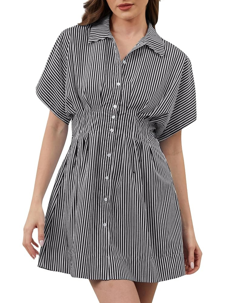 Women Button Down Pleated Shirt Dress Summer Short Sleeve Blouse Striped Print Corset Mini Dresse... | Amazon (US)