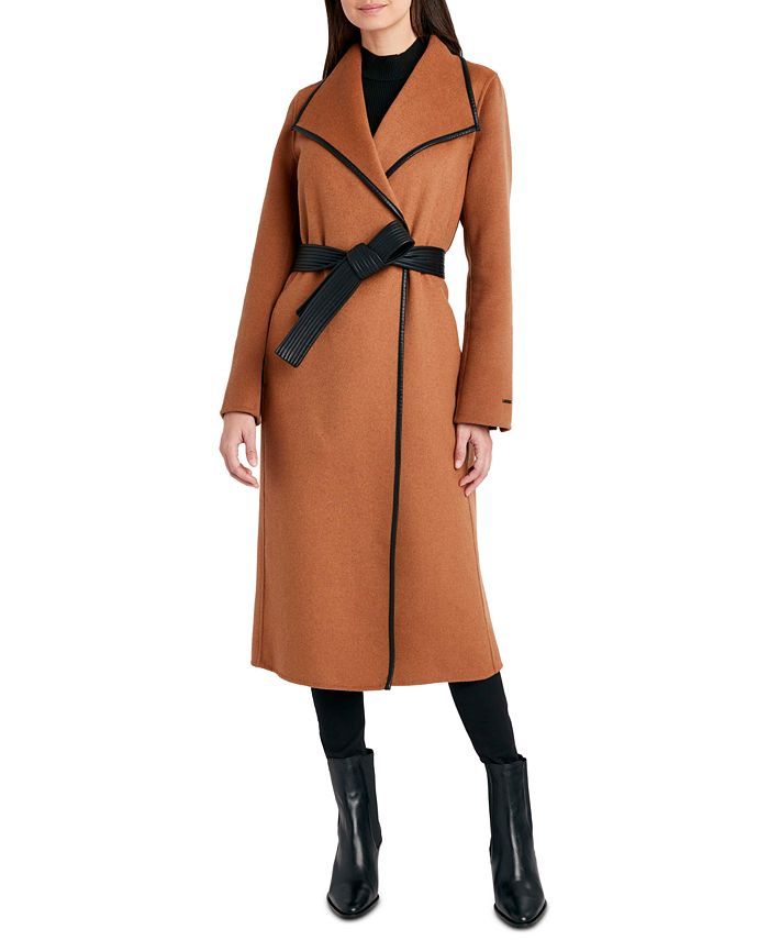 Tahari Women's Faux-Leather-Trim Belted Wrap Coat, Created for Macy's & Reviews - Coats & Jackets... | Macys (US)