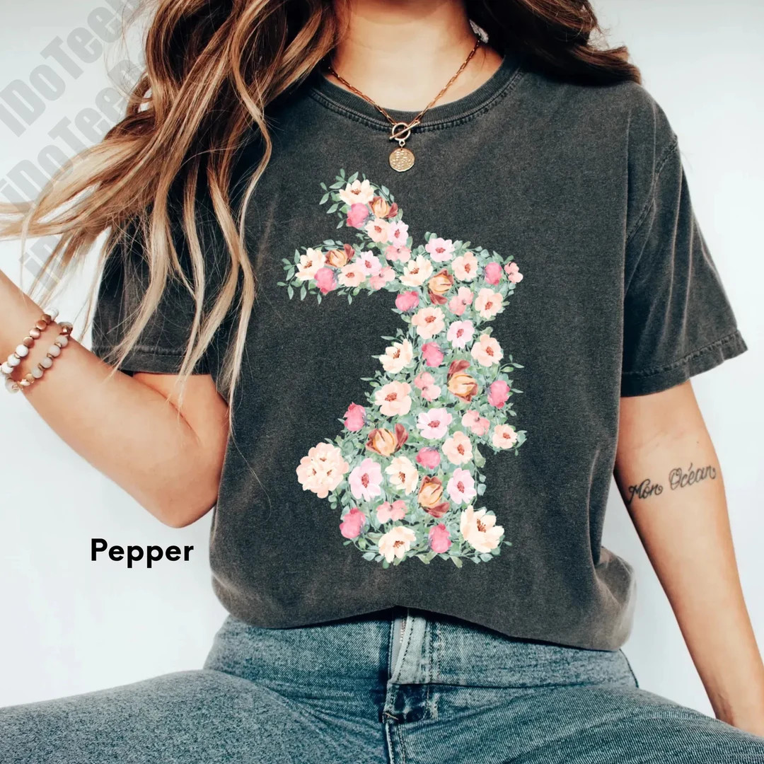 Comfort Colors® Bunny Easter shirt,Spring Floral Bunny Shirt,Kids Easter shirt,Flower Bunny Shir... | Etsy (US)