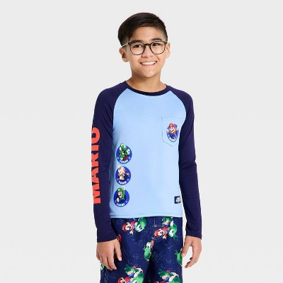 Boys' Nintendo Super Mario Brothers Long Sleeve Rash Guard Top - Navy Blue/Blue S | Target