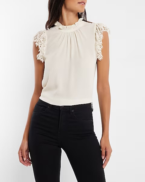 Ruffle Mock Neck Lace Sleeve Gramercy Tee | Express
