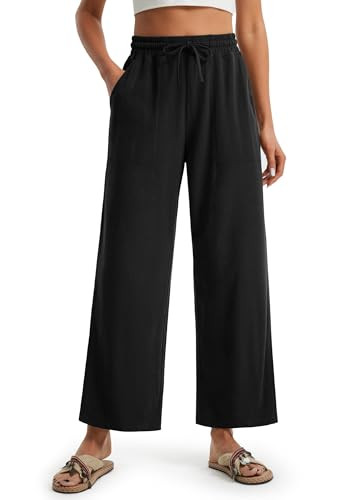Libin Women Linen Pants Wide Leg Side Slit Ankle Pants High Waist Drawstring Casual Palazzo Loose Beach Pant Cropped Trousers Black M | Amazon (US)
