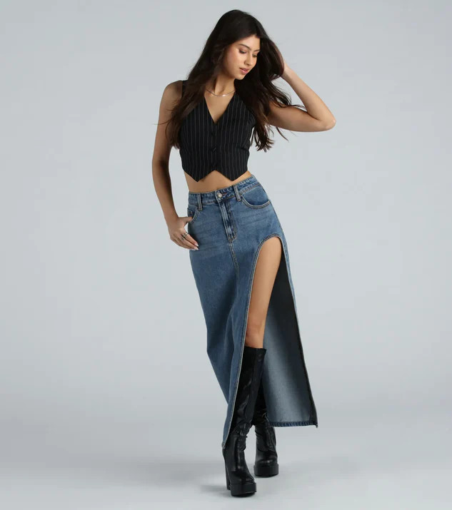 Sound The Alarm High Slit Denim Maxi Skirt | Windsor Stores