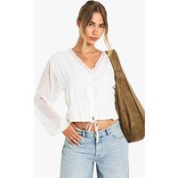 boohoo Women's Chiffon Ruched Crop Blouse in Cream | Size: 4 | Denim/Chiffon | boohoo (US & Canada)