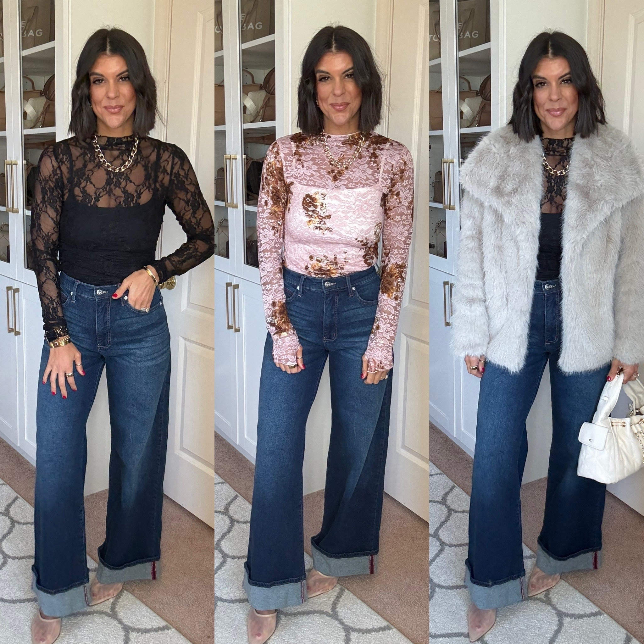 Size small in lace top and fur 
Size 2 in jeans 

#LTKHoliday #LTKSeasonal #LTKFindsUnder100