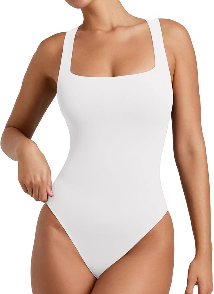 REORIA Butsmooth® Women's Sleeveless Square Neck Racerback Double Lined Slimming Thong Bodysuits | Amazon (US)