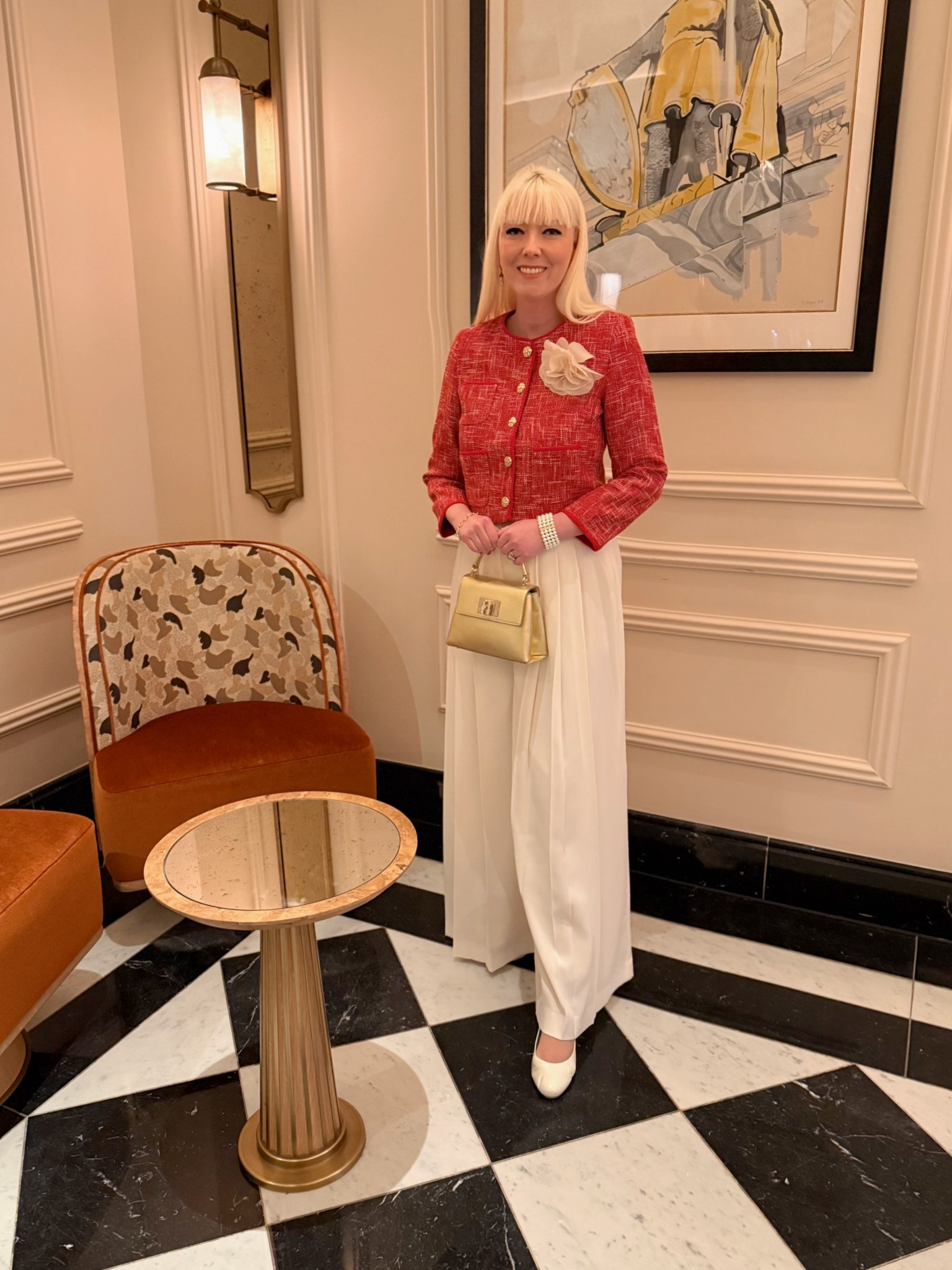 This was my Valentine’s Day date night look, partnering new (selling fast) Regent floaty wide leg trousers in Ivory from Boden SS26 with a red tweed jacket and flower corsage (past LK Bennett), a gold top handle bag by Furla, ivory Mary Janes by Augusta and vintage statement crystal and pearl earrings 

#LTKuk #LTKspring #LTKeurope