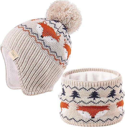Beanie Knit Hats for Toddlers with Earflap Fleece Lined Hat Kids Warm Winter Hat Scarf Set Childr... | Amazon (US)