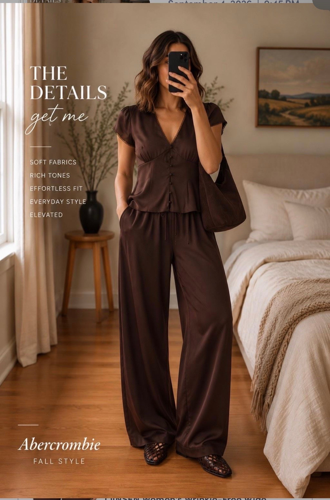 Chocolate brown is THE color for fall 🤎🍂 This Abercrombie satin set is such an easy way to look put together while still feeling comfortable. The feminine button-front top + flowy satin pants make it feel a little elevated, and I love it paired with woven flats and a suede bag. Perfect for dinner, date night, work or a fall girls’ night.

Shop the full look on my LTK 🤎

#Abercrombie #AbercrombieStyle #AbercrombieFinds #FallOutfit #ChocolateBrown #FallFashion #FallStyle #LTKFinds #LTKStyle #DateNightOutfit

#LTKSaleAlert #LTKootd #LTKgrwm