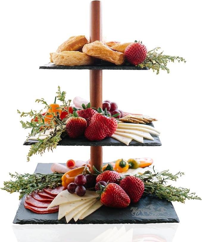 3 Tier Serving Tray Space-Saving Modern and Rustic Three Tiered Serving Stand w/Slate & Acacia Wo... | Amazon (US)