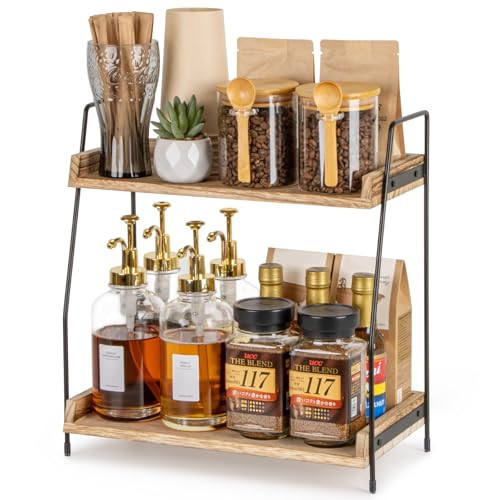 ANBOXIT Countertop Coffee Station Organizer, 2 Tier Wooden Shelf for Coffee Bar Accessories, Condiment Storage Caddy for Kitchen, Home, Office - Brown | Amazon (US)