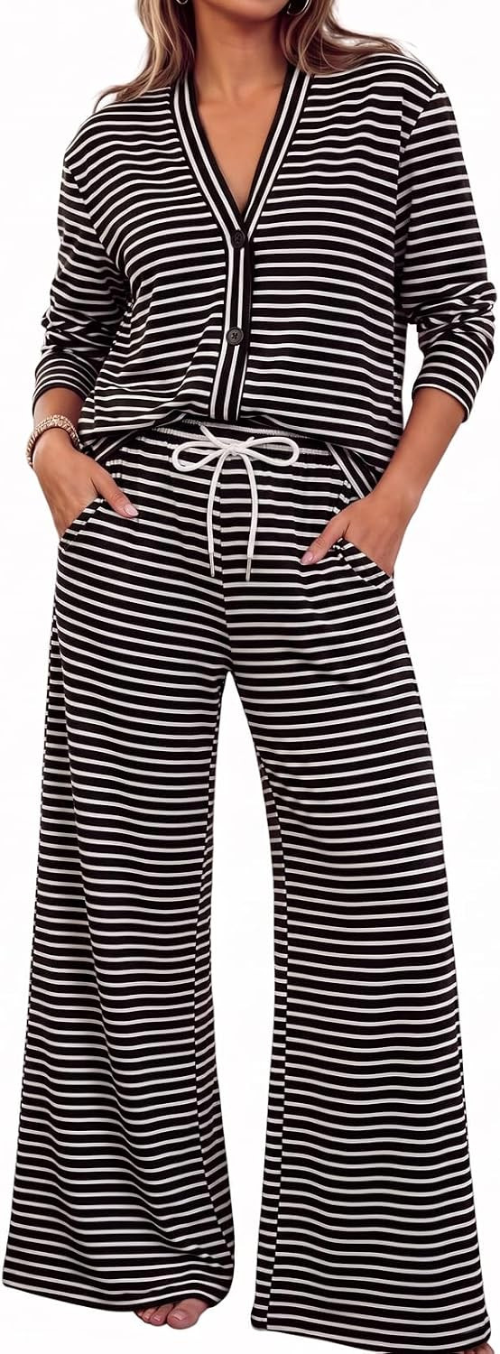 Fisoew Womens 2 Piece Lounge Set Striped Cardigan Pant Sets Travel Outfits | Amazon (US)