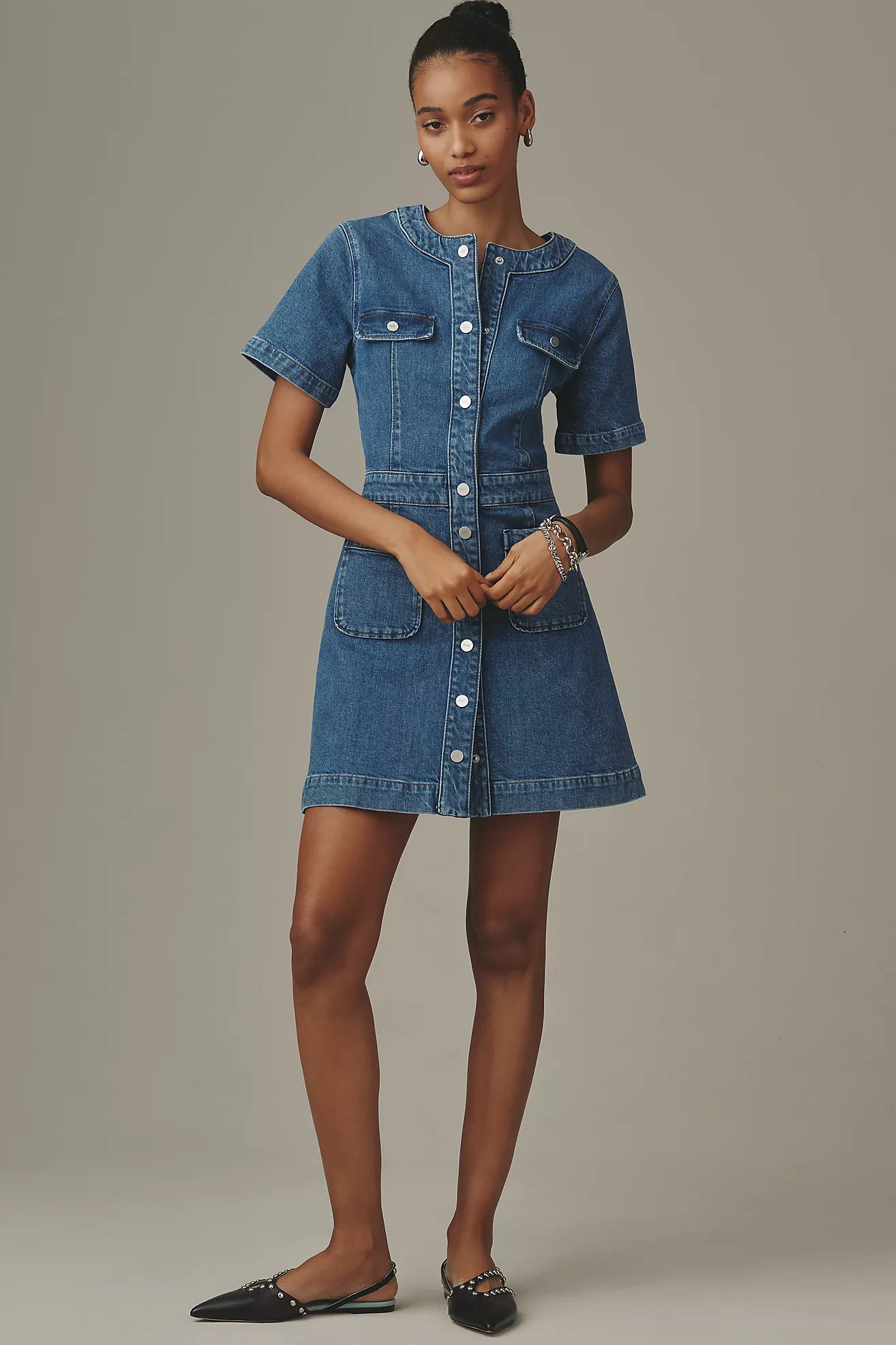 PAIGE Kiya Short-Sleeve A-Line Denim Mini Dress | Anthropologie (US)