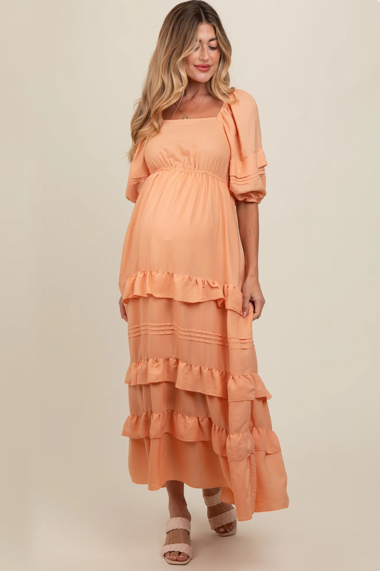 Peach Ruffle Tiered Maternity Maxi Dress | PinkBlush Maternity