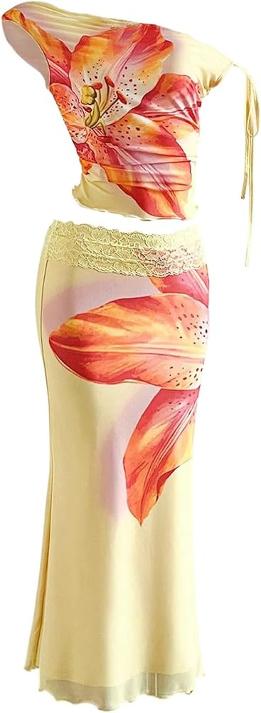 SOLY HUX Women's 2 Piece Outfit Floral Mesh Ruched One Shoulder Crop Tank Top and Bodycon Maxi Sk... | Amazon (US)