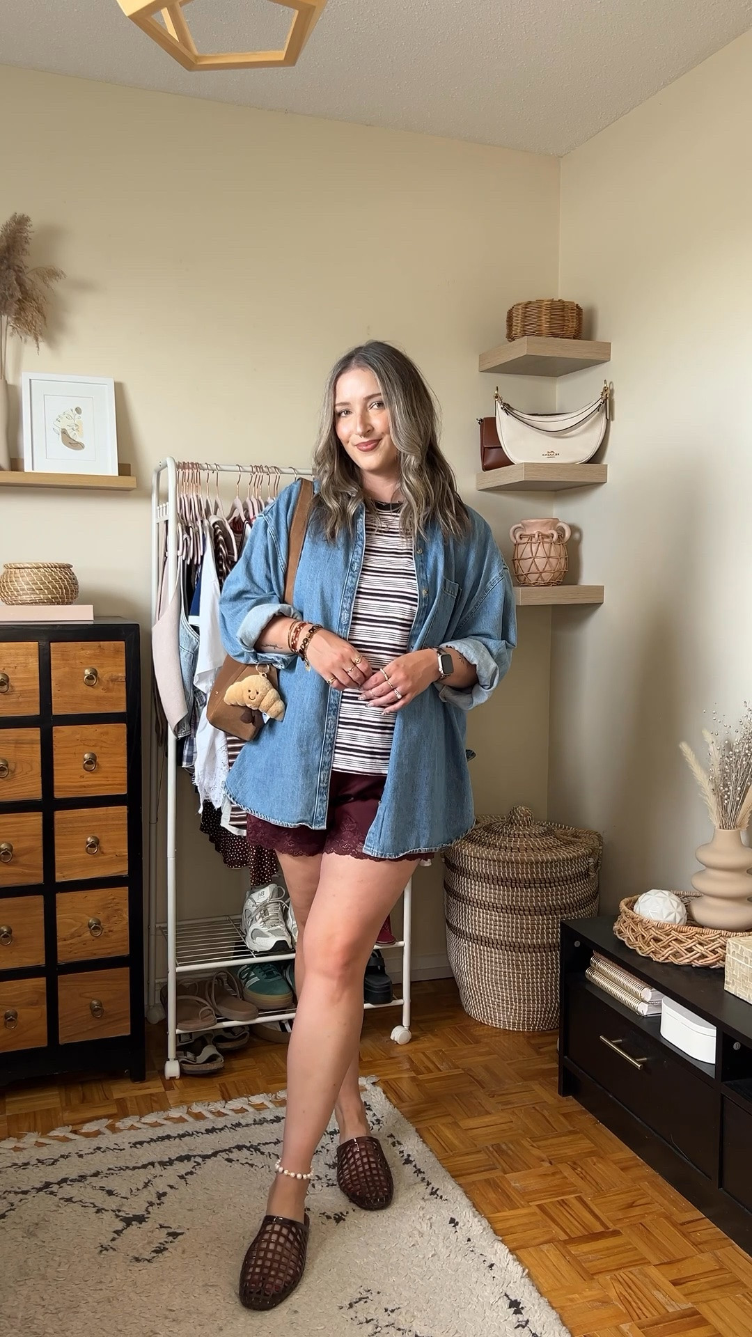 Fall transition outfit! Wearing L in the striped tee, M in satin lace shorts, L in the denim shirt. I’m a 9.5-10 shoe and wear a 10 in the jelly shoes. Canadian denim shirt & shoes link under “similar products”

#LTKfall #LTKmidsize #LTKstyletip