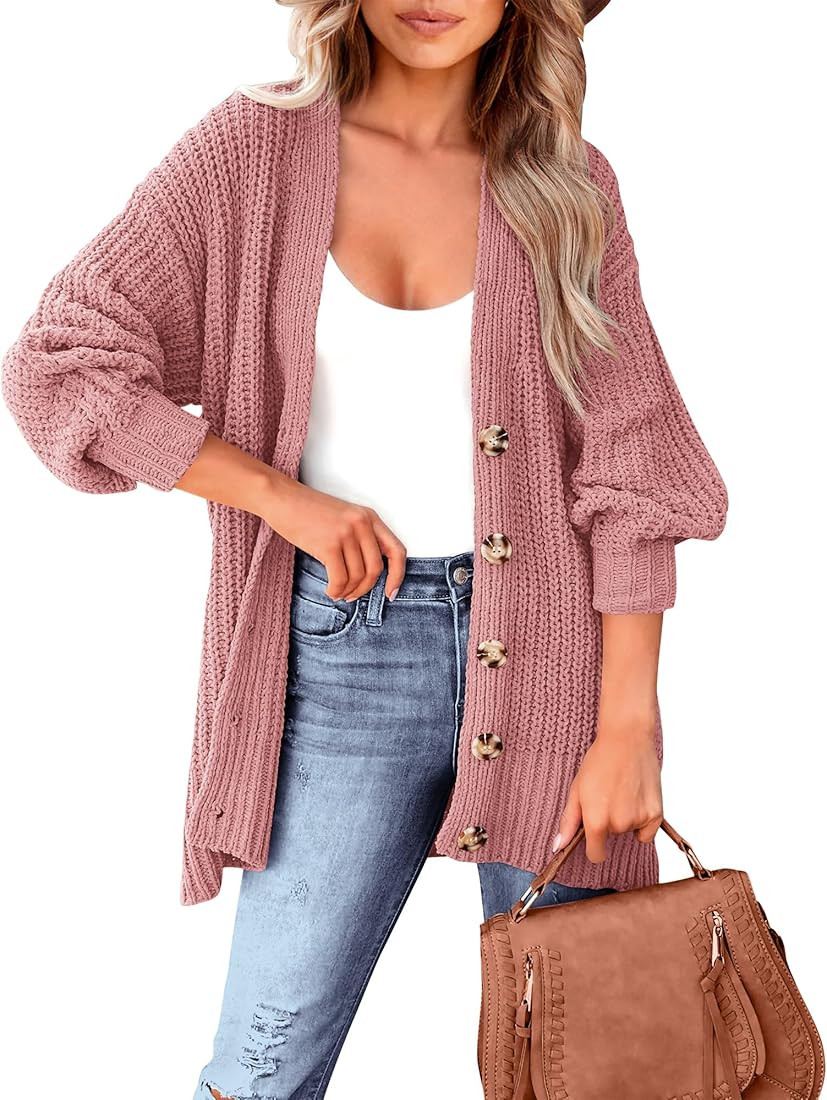 BTFBM Women's Button Down Cardigan Coat Long Sleeve Fall Winter Clothes Loose Chunky Knit Open Fr... | Amazon (US)