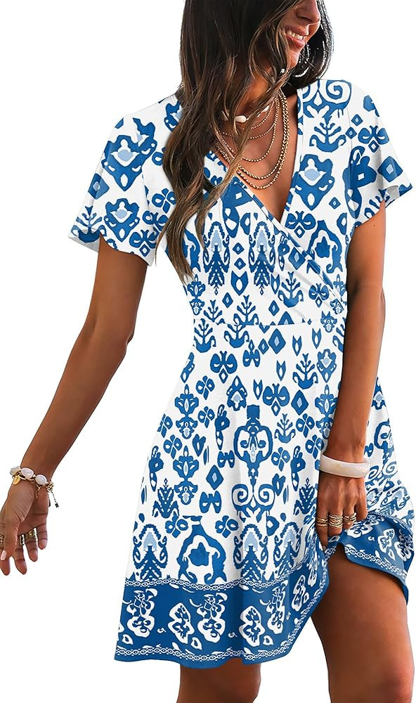 RUMIA Womens Casual Dresses Wrap V Neck Dress A-Line Ruffle Sleeve Summer Sundress Fashion 2026 | Amazon (US)