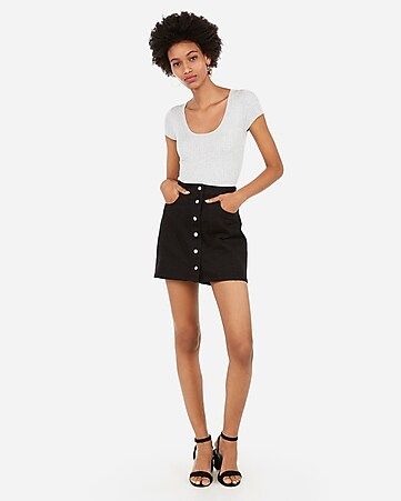 snap front black denim mini skirt | Express