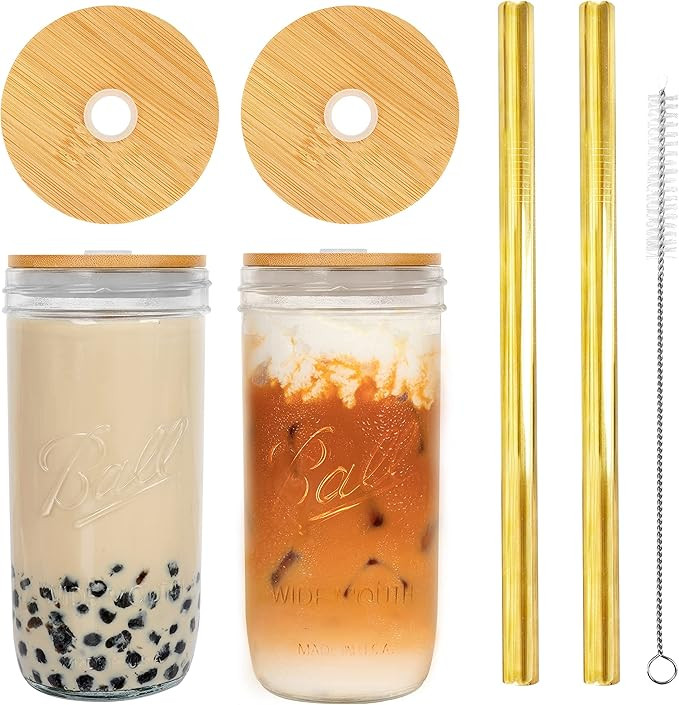 Mason Jar with Lid and Straw, 24oz Wide Mouth Mason Jar Drinking Glasses Tumbler with Silicone Sl... | Amazon (US)