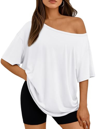 LILLUSORY Off The Shoulder Tops Oversized Short Sleeve Tshirts White M | Amazon (US)