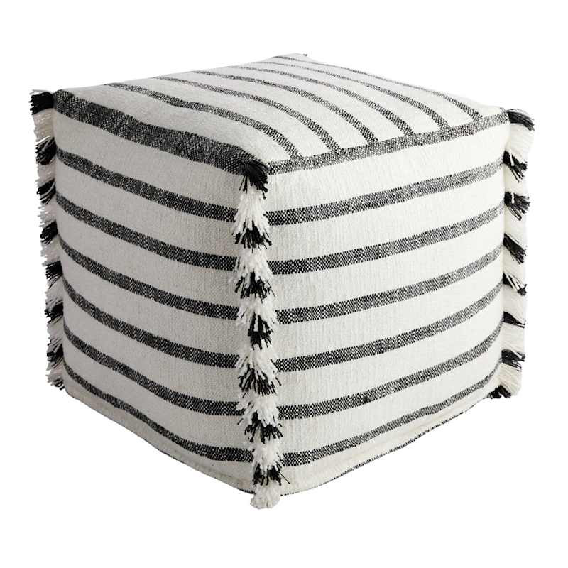 Black & White Outdoor Pouf with Fringe, 18" | At Home
