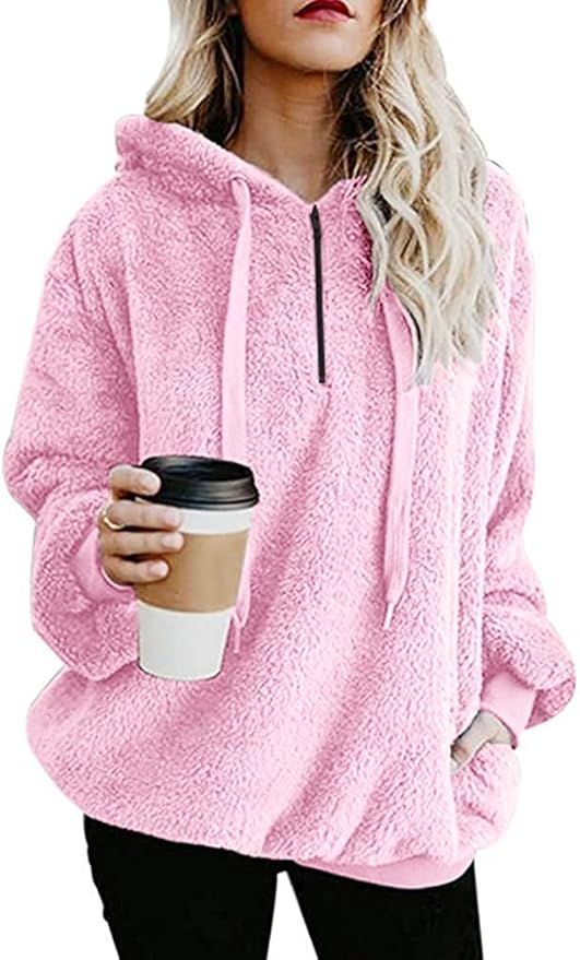 ReachMe Women's Oversized Fleece Hoodie with Pockets Warm Fuzzy Sherpa Pullover Sweater Fluffy Sw... | Amazon (US)