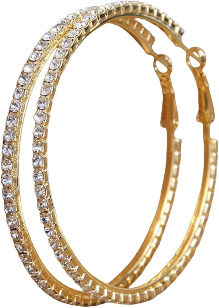 Rhinestone Hoop Earrings Sparkly Bling Crystal Round Circle Hoops for Women Wedding Jewelry | Amazon (US)