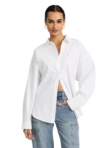 EXPRESS Women’s Boyfriend Fit Portofino Shirt – Cotton Poplin Long Sleeve Button-Up, Lightweight Office-to-Weekend Top White | Amazon (US)