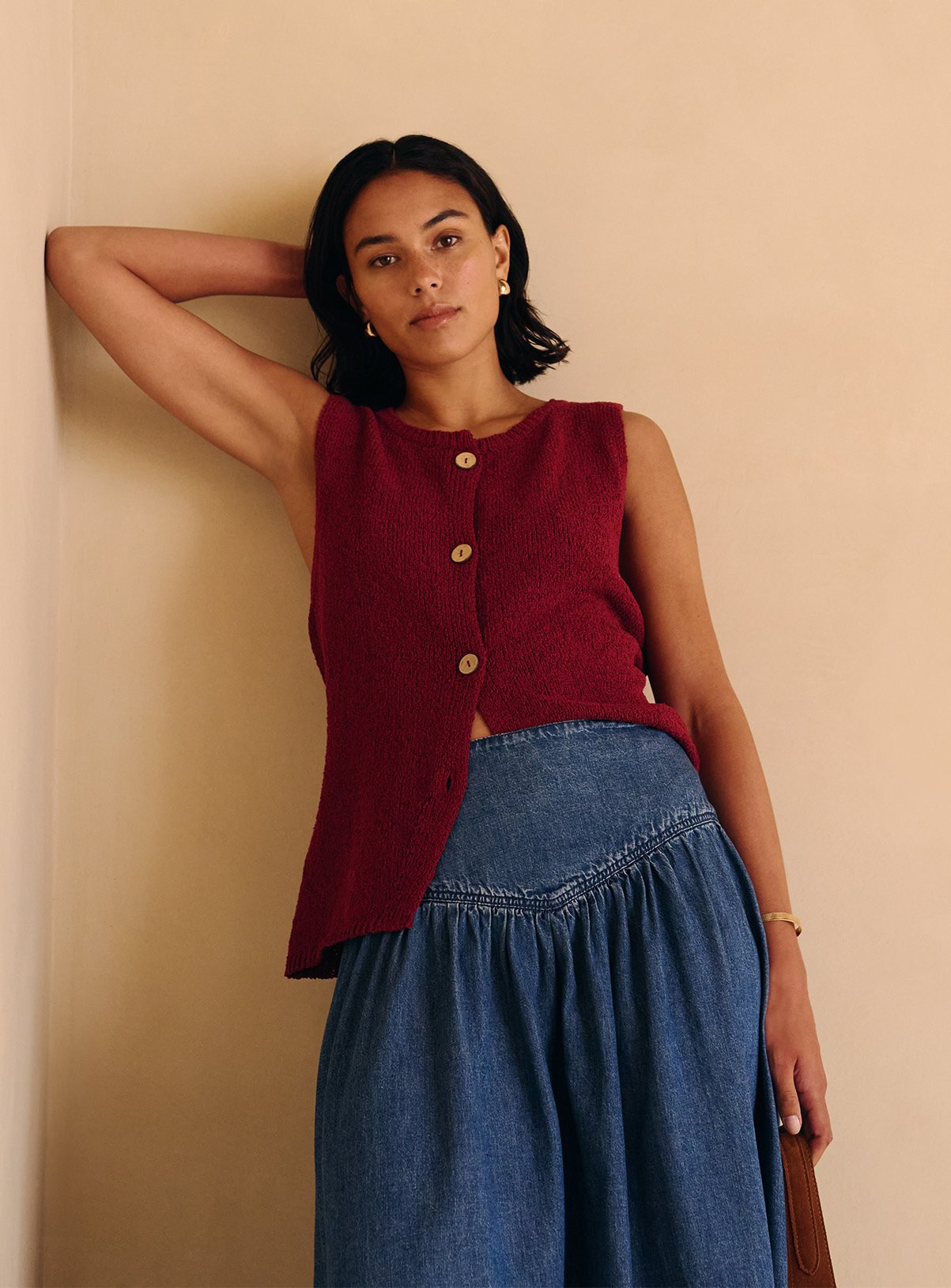Red Slub Button-Through Waistcoat | Tu Clothing