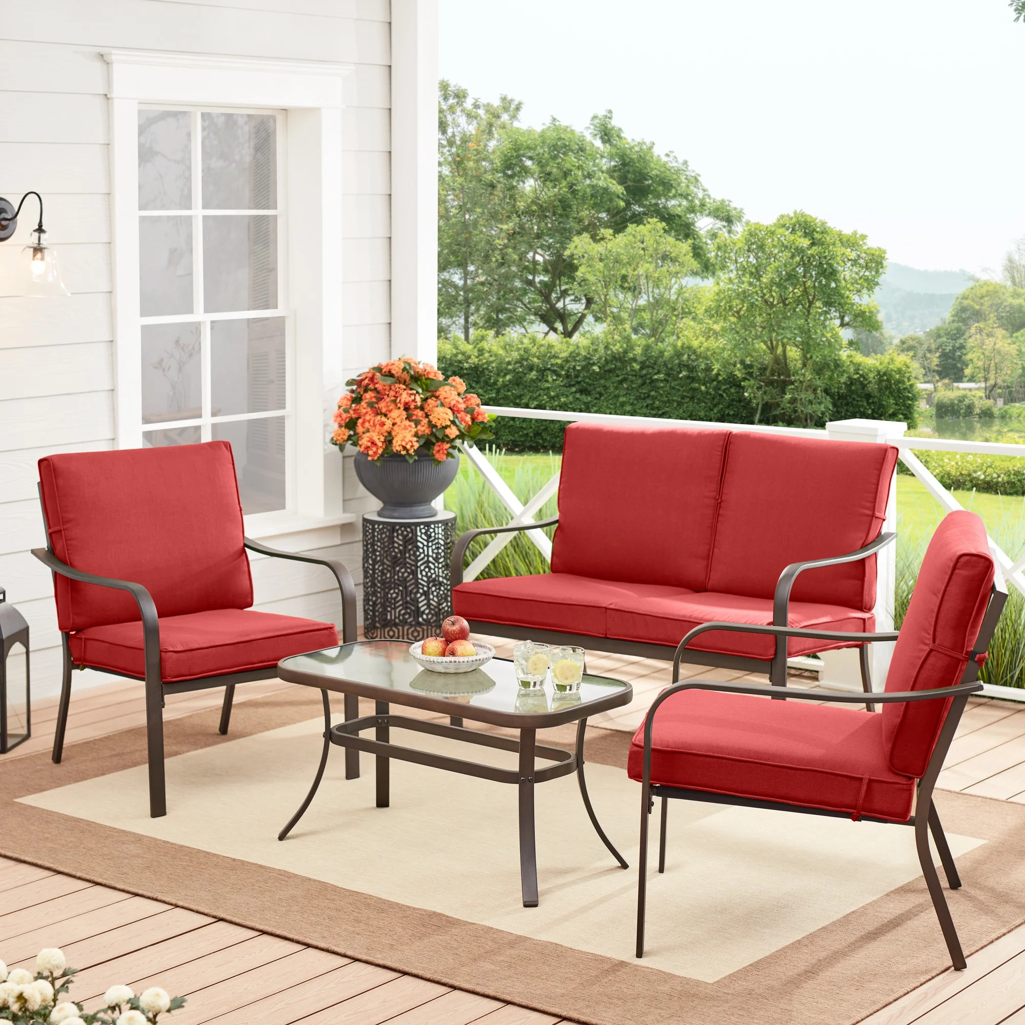 Mainstays Stanton 4-Piece Outdoor Patio Conversation Set, Red | Walmart (US)