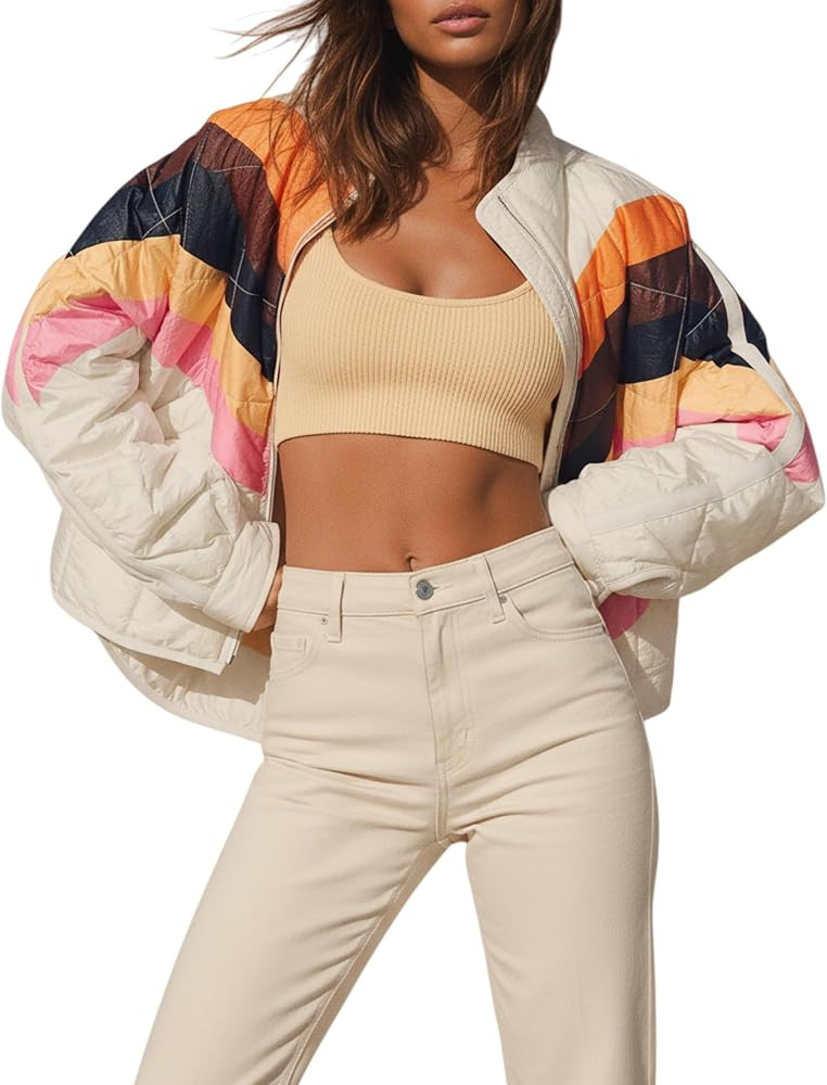 Women's Puffer Quilted Jackets Lightweight Padded Coat Long Sleeve Zip Up Outerwear with Pockets | Amazon (US)