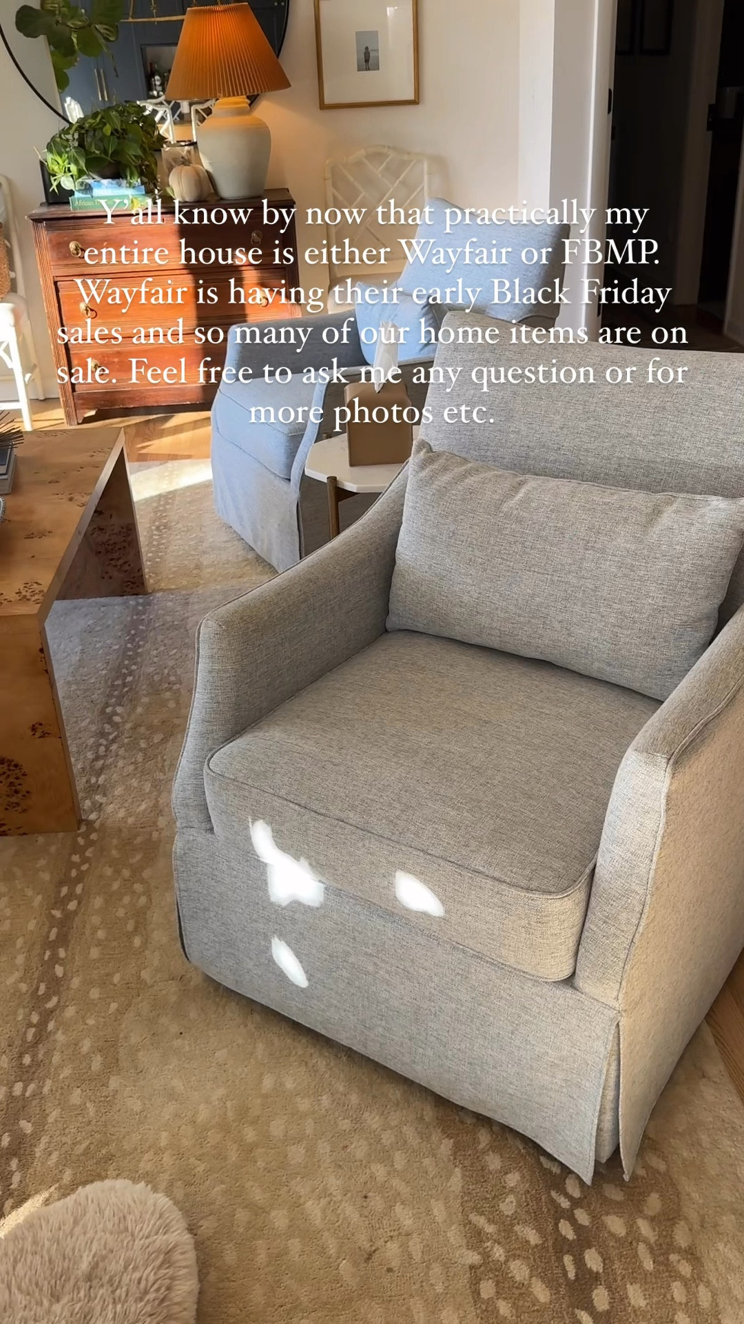 Y’all know by now that practically my entire house is either Wayfair or FBMP. Wayfair is having their early Black Friday sales and so many of our home items are on sale. Feel free to ask me any question or for more photos etc.

Might blue swivel chairs
West Elm Lumini Rug Dupe
Green Velvet Sofa
Marble End tables 
Worlds Away Pagoda Lamp
Ballard Designs Herringbone Rug
West Elm Leather Recliner MCM dupe
Performance grade Nursery rocker/glider
Farmhouse wood and metal desk
MCM Eames Leather Chair 🤌🏼
Outdoor sectional and rug
Garden stool 

Wayfair, Wayfair dupes, Wayfair black Friday, Wayfair sale, Wayfair partner 

#LTKFamily #LTKCyberWeek