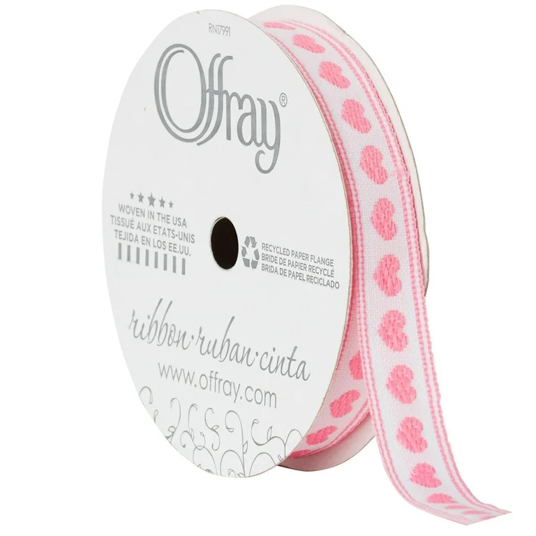 Offray Ribbon, Pink 3/8 inch Hearts Woven Ribbon, 9 feet - Walmart.com | Walmart (US)