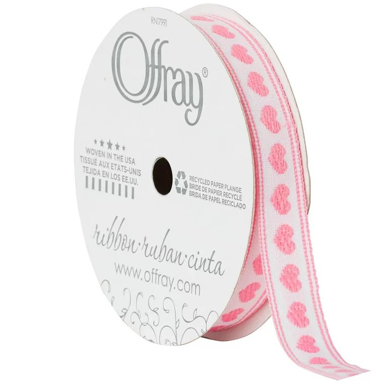 Offray Ribbon, Pink 3/8 inch Hearts Woven Ribbon, 9 feet - Walmart.com | Walmart (US)