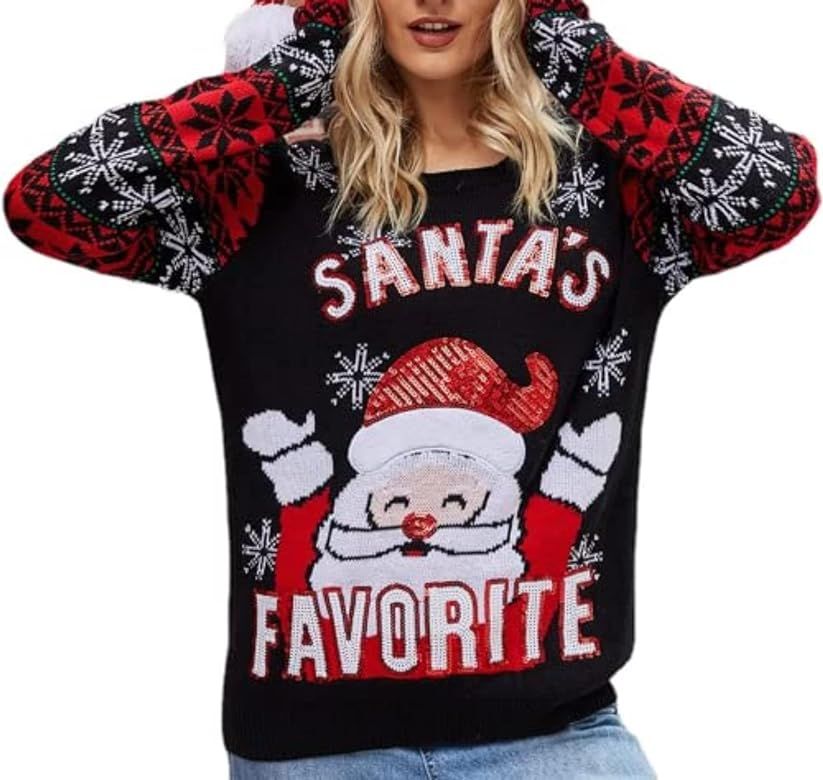 Ugly Christmas Sweater for Women Novelty Pullover Santa Claus Printed Embroidered Round Neck Knit Sweaters | Amazon (US)