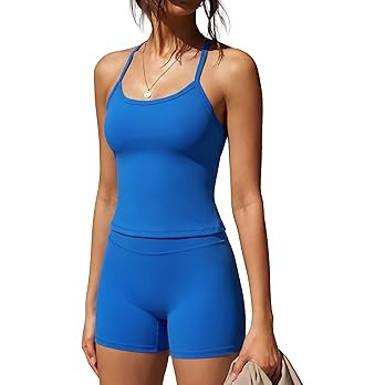 SUUKSESS Women 2 Piece Workout Sets High Waisted Tummy Control Biker Shorts Halter Padded Tank To... | Amazon (US)