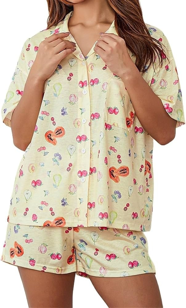 Women 2Piece Set Fruit Print Short Sleeves Button Shirt and Elastic Waist Pants Loungewear Soft S... | Amazon (US)