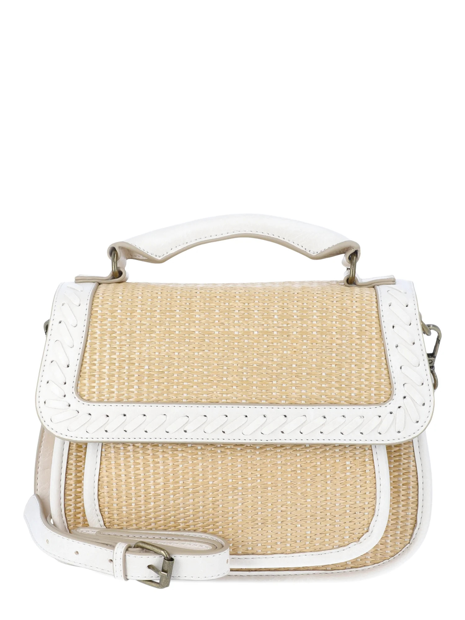 The Pioneer Woman Women’s Raffia and Faux Leather Flap Crossbody Handbag, Ivory | Walmart (US)