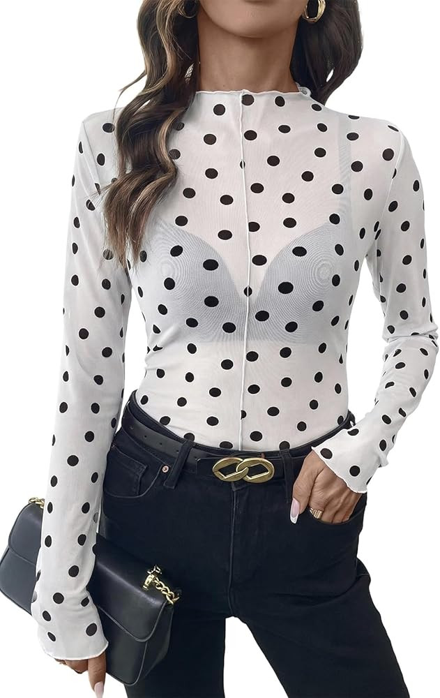SHEWIN Womens Sheer Mesh Tops Polka Dot Print Long Sleeve Shirts Sexy Blouses Slim Fitted 2026 | Amazon (US)
