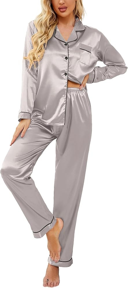 Ekouaer Women's Classic Button Down Long Satin Silk Pajama Set | Amazon (US)